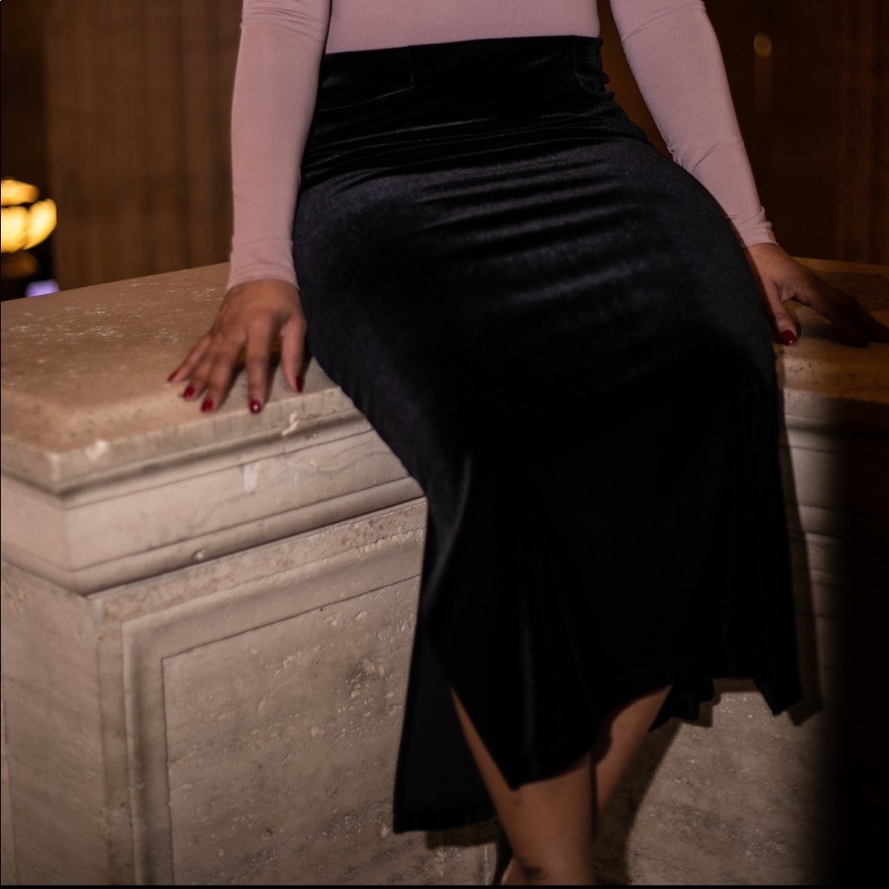Black Velour Pencil Skirt w Side Slits